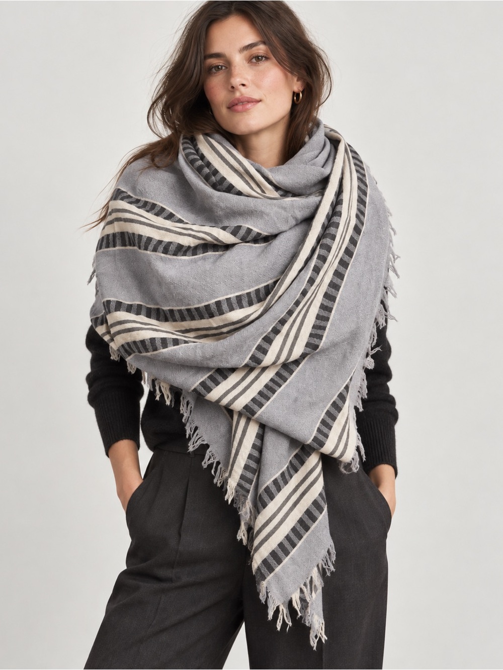 Wilfred Wool Blanket Scarf Oversized Grey Striped 58” x 64”